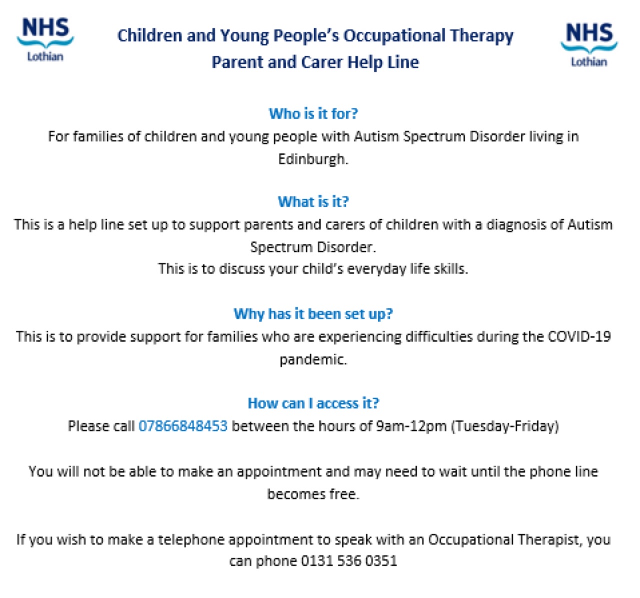 Children and Young People's occupational therapy/ Parent and Carer Help Line